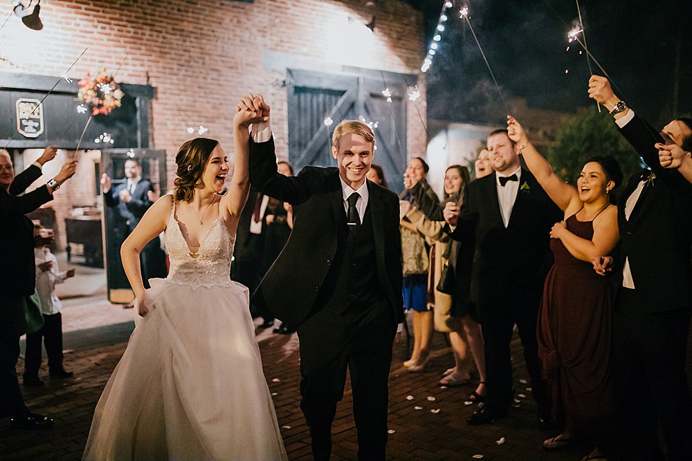 Couple during their sparkler send off at the Old Silk Mill