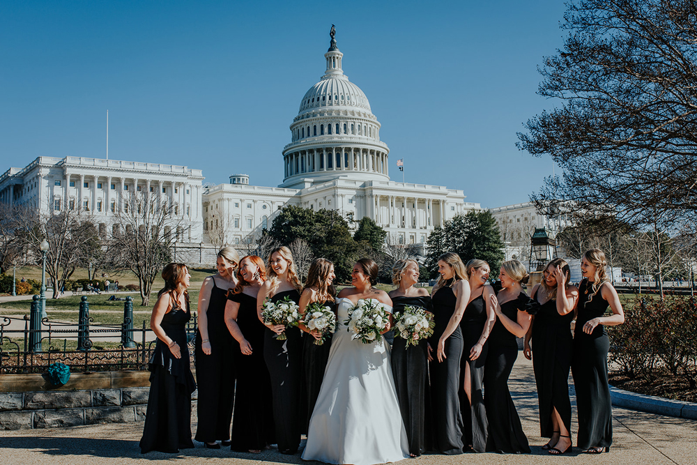 wedding party photos in downtown D.C. for this winter wedding